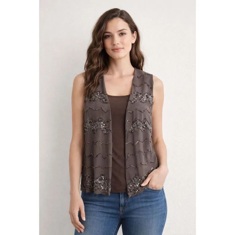 Chico’s Brown Sequin Open Front Vest Size 0 Small NWT - Picture 2 of 12